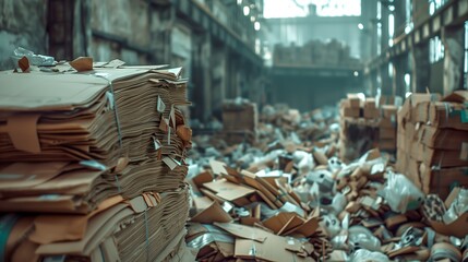 Outdoor recycling facility with large stacks of compressed cardboard waste materials, representing sustainable waste management and circular economy practices.