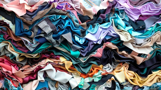 Close-up of eco-friendly textile scraps and materials in multiple colors, showcasing creative reuse in sustainable fashion and handmade projects.