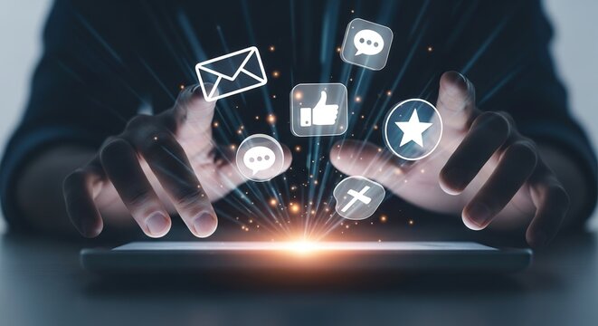 Engage your audience with dynamic social media icons emerging from a digital tablet, sparking connection and interaction. - Powered by Adobe