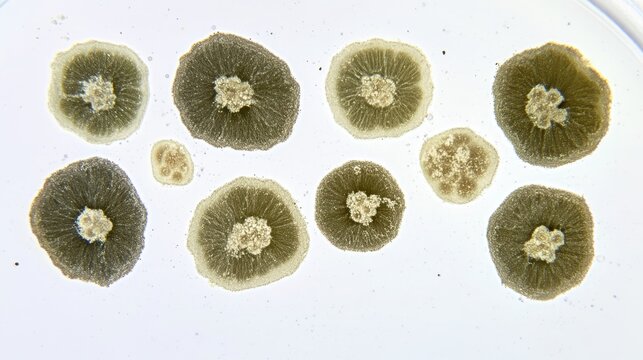 Detailed microscopic pollen grains with varied shapes and textures