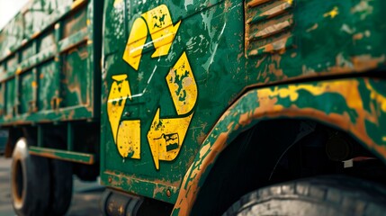 Detailed macro shot of yellow recycle emblem on a green, weathered garbage truck, showing urban wear and environmental themes.