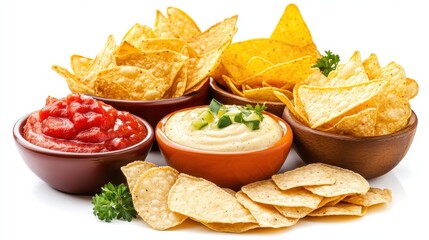 Close up of nachos with dips and garnishes on a white backdrop