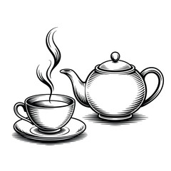 Hand drawn sketch of steaming tea cup and teapot