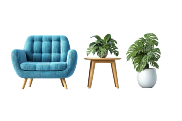 Blue armchair and plants on wooden table isolated on a transparent background
