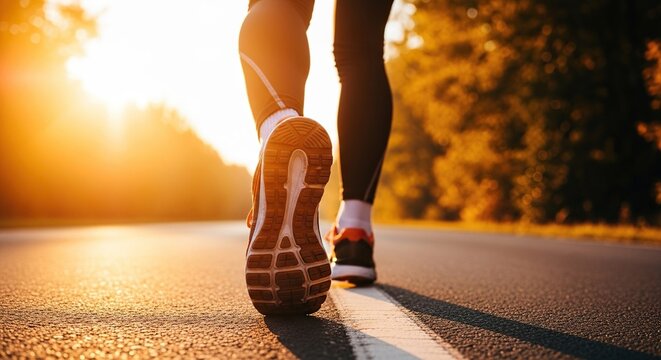 Dynamic runner's feet pound pavement at golden hour, inspiring fitness and outdoor adventure with warm sunlight and vibrant autumn trees