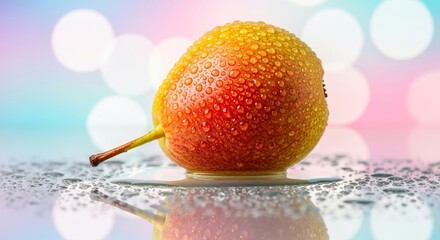Juicy ripe pear glistening with fresh water droplets on a reflective surface, evoking crispness and natural refreshment with a soft bokeh background.