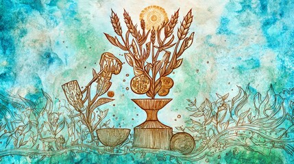 Spring equinox celebration with flowers, sun and symbolic imagery in vibrant seasonal watercolor artwork