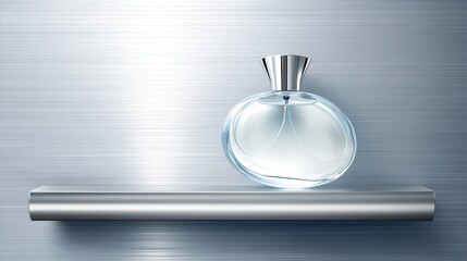 Elegant perfume bottle on a brushed metal display shelf