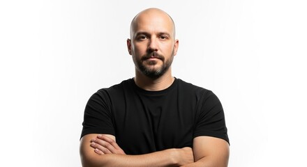 Fototapeta premium Confident, serious man with beard and bald head wearing black t-shirt with arms crossed, projecting strength and professionalism against a clean white background.
