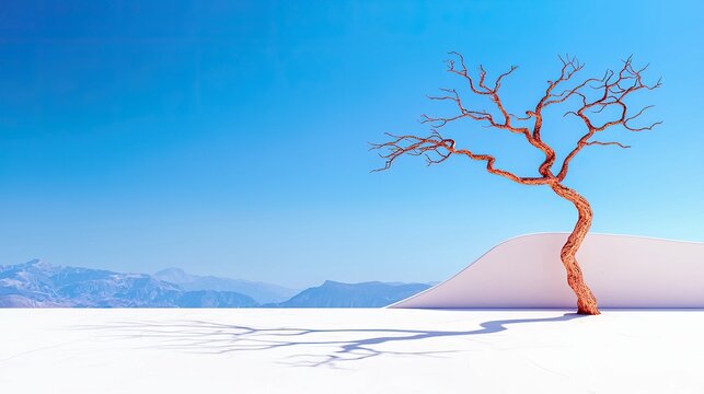 A stark, minimalist landscape featuring a single, stylized bare tree with a metallic sheen, set against a clear blue sky and distant mountains.