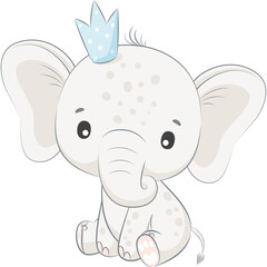 Cute Baby Elephant Wearing a Blue and White Crown Sitting Down Looking Forward in a Playful Manner on a Transparent Background