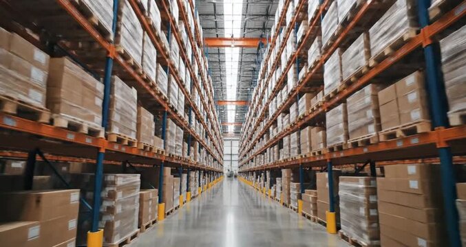 Aisles of shelves in a warehouse with boxes stacked high and ready for shipping and distribution