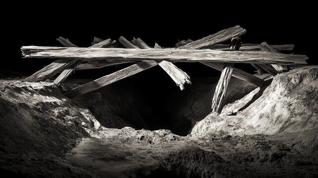 Dark aged wooden structure with jagged splintered beams