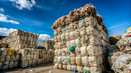 Stacks of baled plastic materials and blue bags stored outdoors at an industrial recycling center, ready for sorting and reuse.