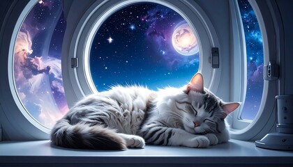 Fluffy cat sleeping by a round window overlooking a nebula and a planet in space