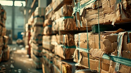 Bundles of recycled cardboard stacked in rows inside an industrial warehouse, ready for transport to processing or reuse facilities.