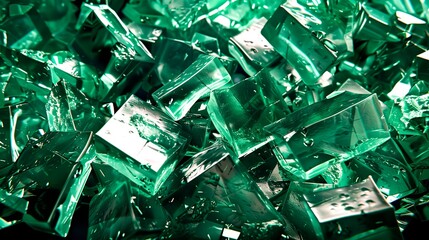 Detailed shot of recycled green glass fragments reflecting emerald light, representing sustainability, texture, and industrial reuse.