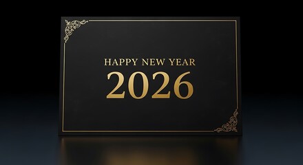 Elegant black square card with golden happy new year 2026 text and ornate corners isolated on white background