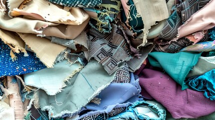 Fototapeta premium Close-up of textile remnants in multiple materials and colors, ideal for eco-conscious fashion, upcycling, and artistic craft projects.
