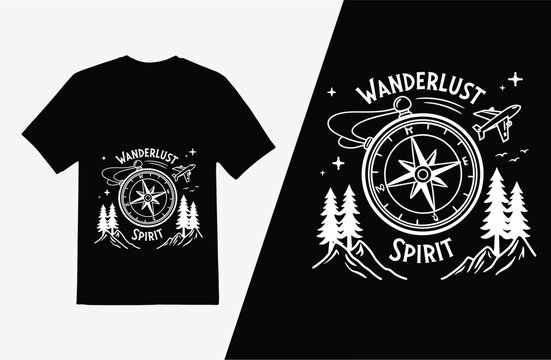 A black t shirt design displays a white compass graphic with wanderlust and spirit text, mountains and an airplane