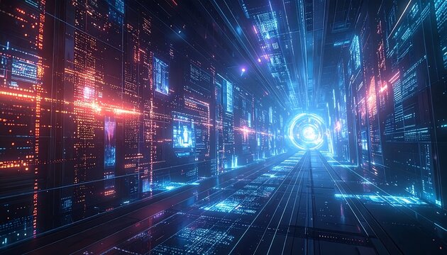 Futuristic data tunnel with blue and red glowing geometric panels