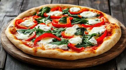 Delicious Italian Pizza with Roasted Peppers and Fresh Arugula