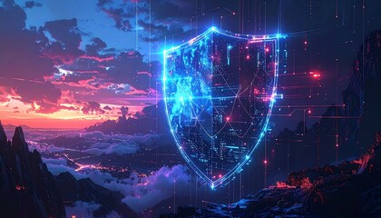 Digital shield overlayed on landscape; stylized sky with pink clouds, dark mountains below, digital connections