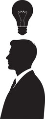 Silhouette of a person in a suit with a lit lightbulb above their head, symbolizing innovation, new ideas, and creative thinking in business and personal development