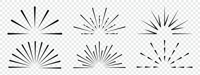 Set of sunbursts symbol. Vintage starburst. Sunburst shapes, bursting sun rays, sunshine. Radial fireworks burst, sunset and sunrise, star beams, sparkle elements. Boho style. Sunbursts icon. 