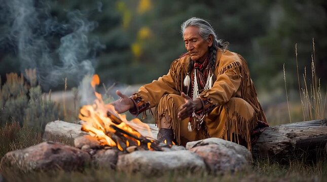 Seated man by campfire in outdoors warmth leather jacket fringe traditional fringed garment sitting fire contemplative braided hair wilderness dusk