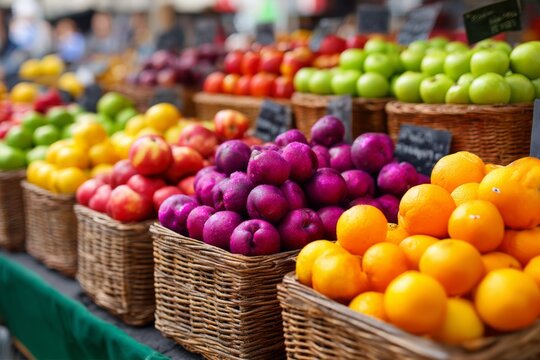 Fresh colorful fruit including purple plums, red apples, yellow lemons, green apples, and oranges displayed in woven baskets at a market.