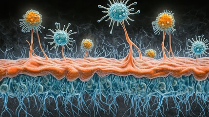 Detailed medical illustration of human epidermis infected with viruses