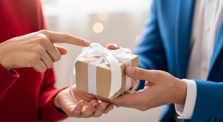 Man giving holiday gift to woman happy couple exchanging gifts present box with ribbon happiness moment sharing holiday wishes celebrating