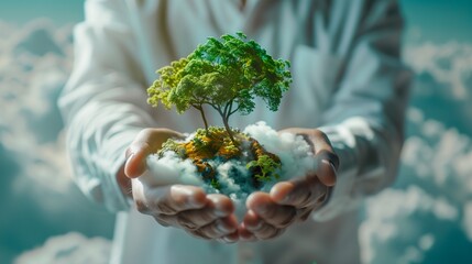 Symbolic image of human hands holding a small piece of forest surrounded by mist, expressing care for the Earth and environmental sustainability.