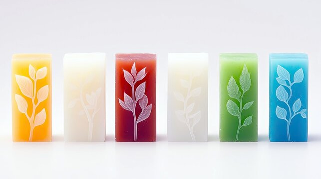 Six rectangular candles in different colors, each featuring a carved botanical design of a leaf and stem. - Powered by Adobe