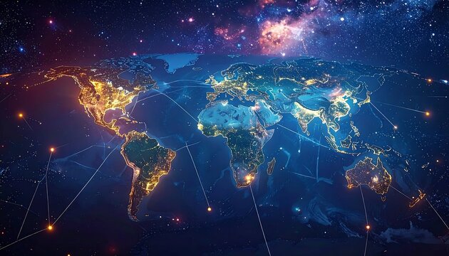 Globe, lit cities, glowing connections against nebula backdrop. Earth's network illuminating darkness