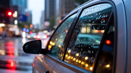 Rainy day car window with city lights reflecting through raindrops