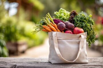 A cloth bag holds fresh carrots, beets, apples, and leafy greens sitting on a wooden surface outdoors.