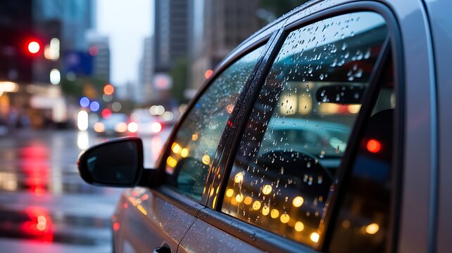 Rainy day car window with city lights reflecting through raindrops