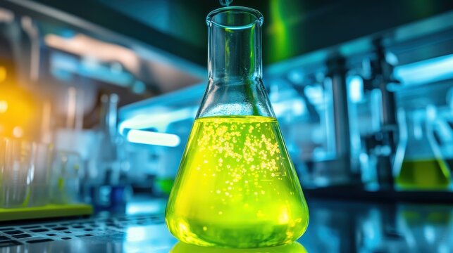 Erlenmeyer Flask with Luminescent Bubbles in a Science Lab