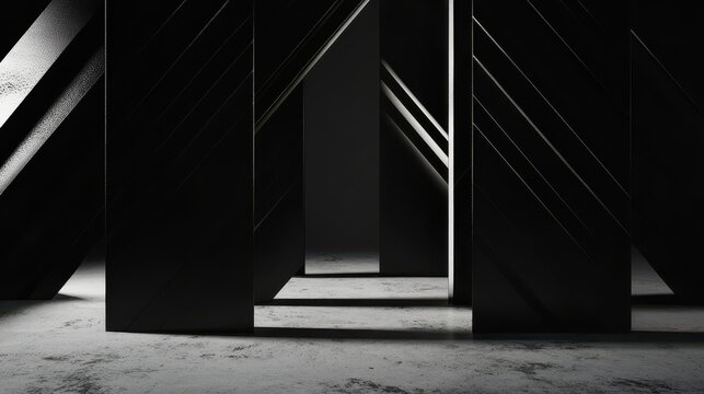 Geometric metallic panels forming a dark abstract interior