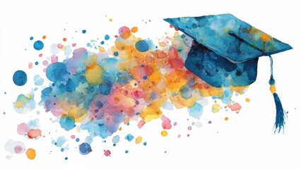 A vibrant watercolor illustration of a graduation cap surrounded by a splash of colorful paint, symbolizing celebration and achievement.