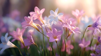 Fototapeta premium Soft pink and white flowers bloom serenely in warm, golden hour sunlight