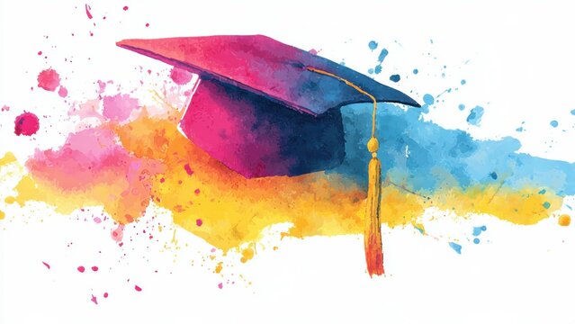 A colorful watercolor depiction of a graduation cap, symbolizing achievement and educational milestones.