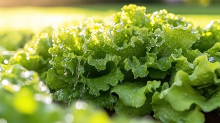 Fresh green lettuce plant with water drops in bright sunlight