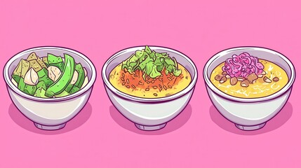Healthy food bowls with fresh vegetables and grains on pink