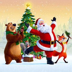 Forest animals celebrate Christmas with Santa Claus, exchanging gifts and dancing together under the snow near a bright Christmas tree.