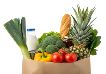 Grocery bag filled with fresh food including leeks, broccoli, pineapple, tomatoes, bread, and milk