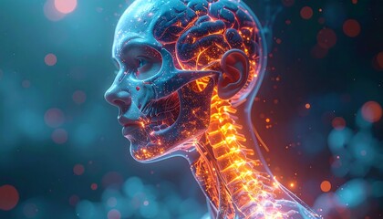 Ethereal woman with visible glowing skeletal and brain structure against a blurred bokeh background in cool and warm hues