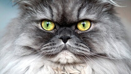 Fluffy gray cat stares intensely with glowing green eyes, its fur tousled, creating a dramatic portrait